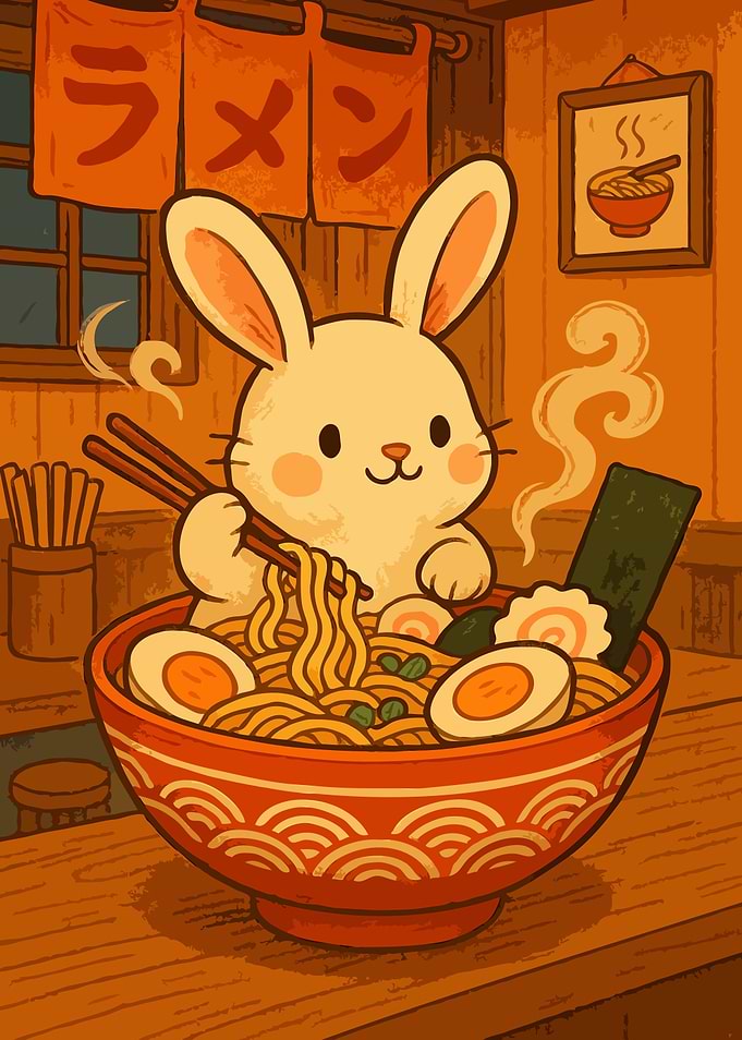 Cute Bunny Eating Ramen Illustration Art