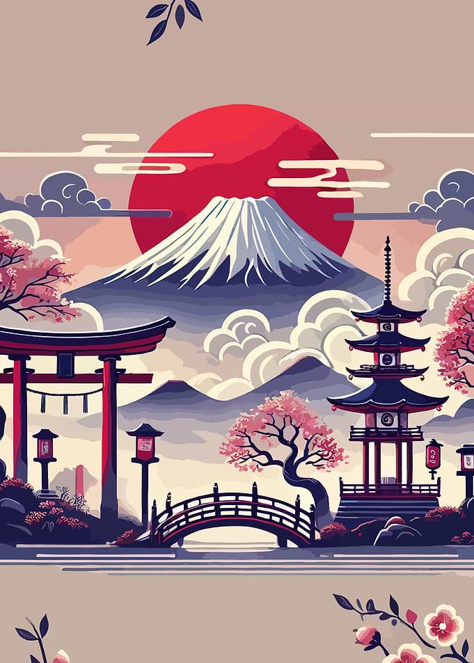 Japanese Landscape with Mount Fuji and Pagoda