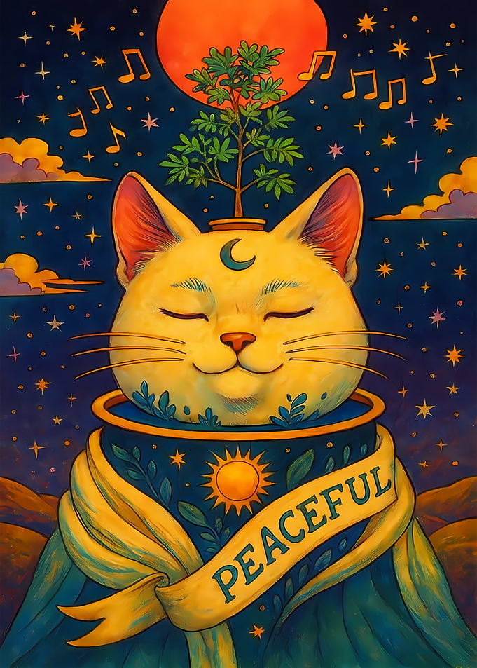 Peaceful Cat with Tree and Moon
