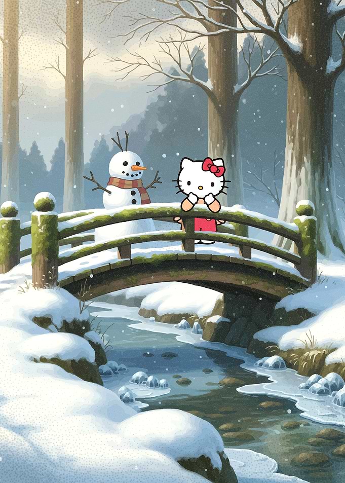 Hello Kitty and Snowman Winter Scene