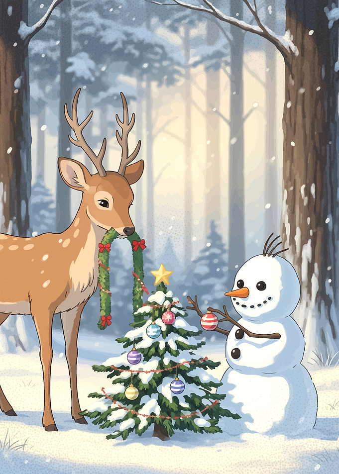 Christmas Deer and Snowman Decoration Scene