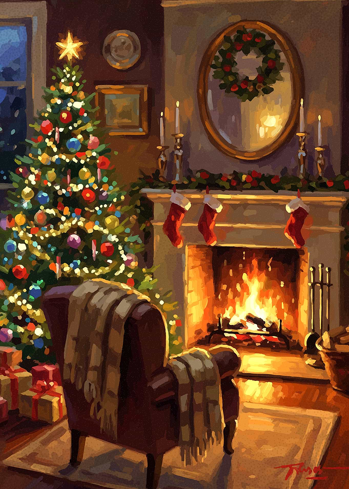 Cozy Christmas Fireplace Scene Painting