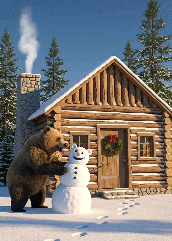 Bear building a snowman in winter