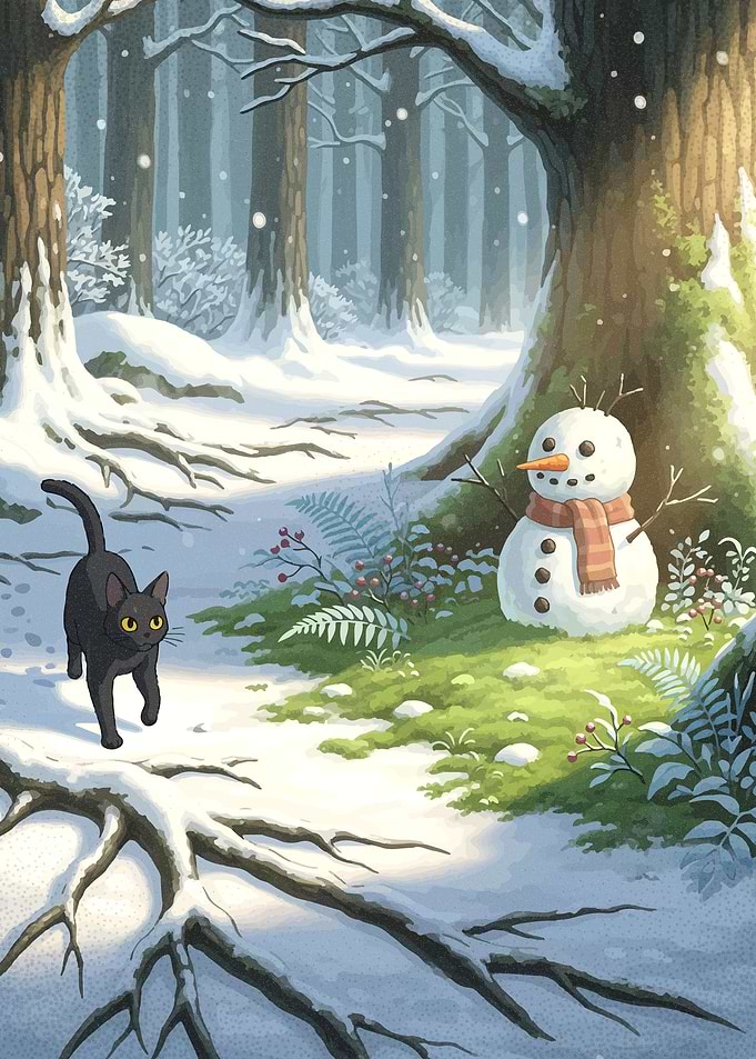 Winter Forest Scene with Cat and Snowman