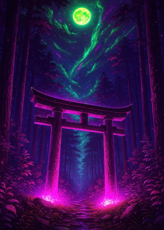 Neon Torii Gate in Forest at Night