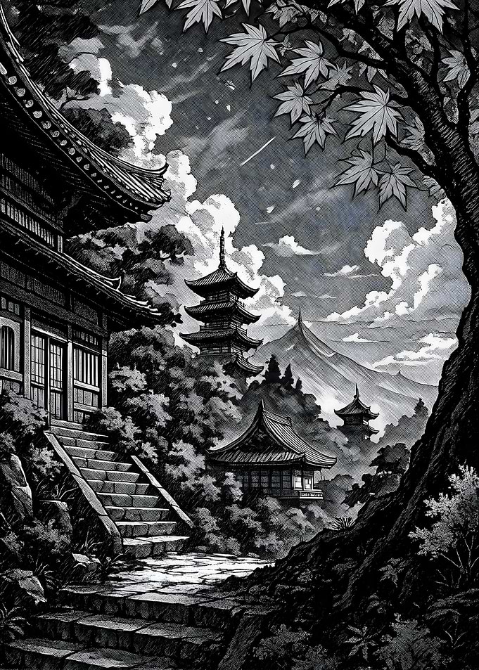 Japanese Temple Landscape Black and White