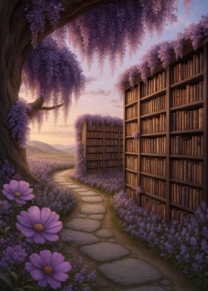 Enchanted Library Path with Wisteria Flowers