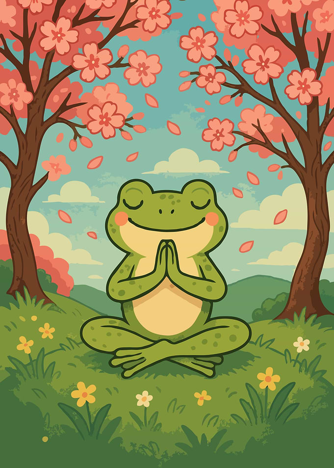 Meditating Frog Under Cherry Blossom Trees Art