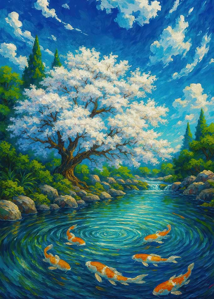 Koi Pond with Cherry Blossom Tree
