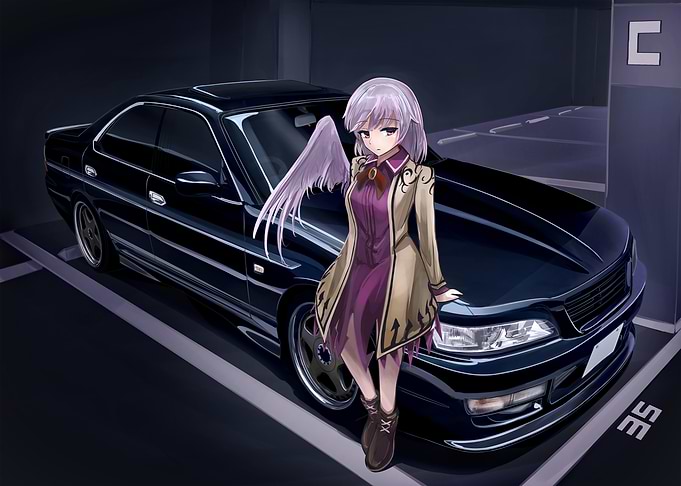 Anime Girl with Black Car in Garage
