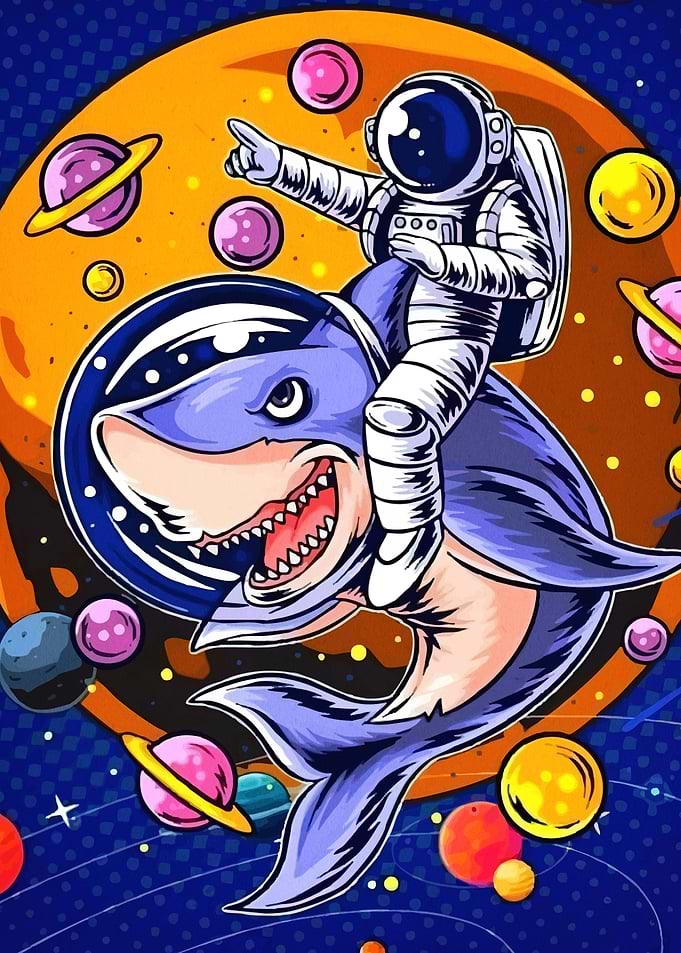 Astronaut riding shark space