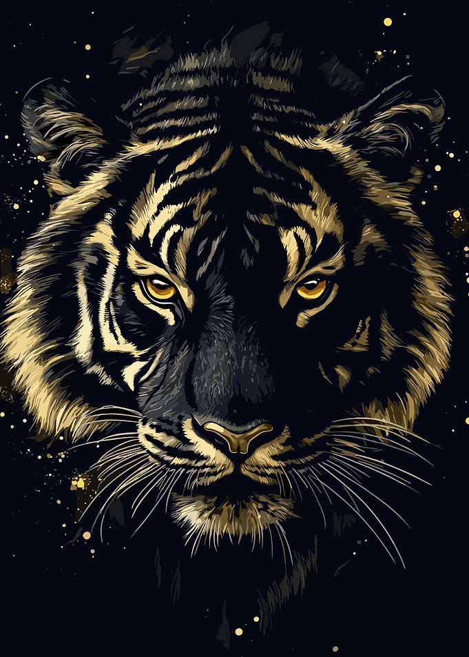 Golden Tiger Portrait on Black Background