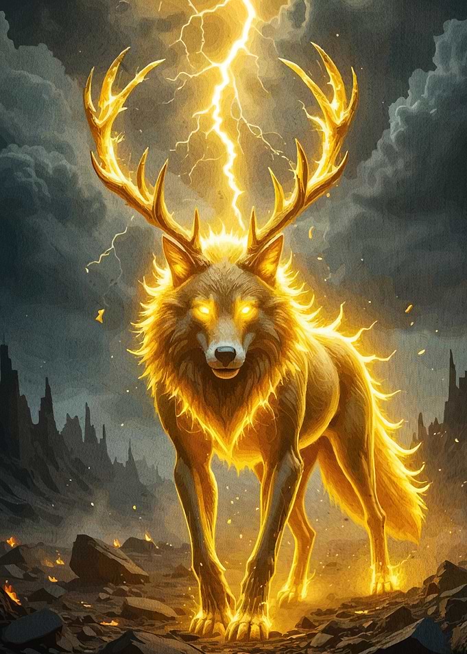 Golden Wolf with Antlers