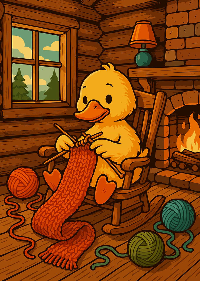 Duck Knitting by Fireplace in Cabin Art