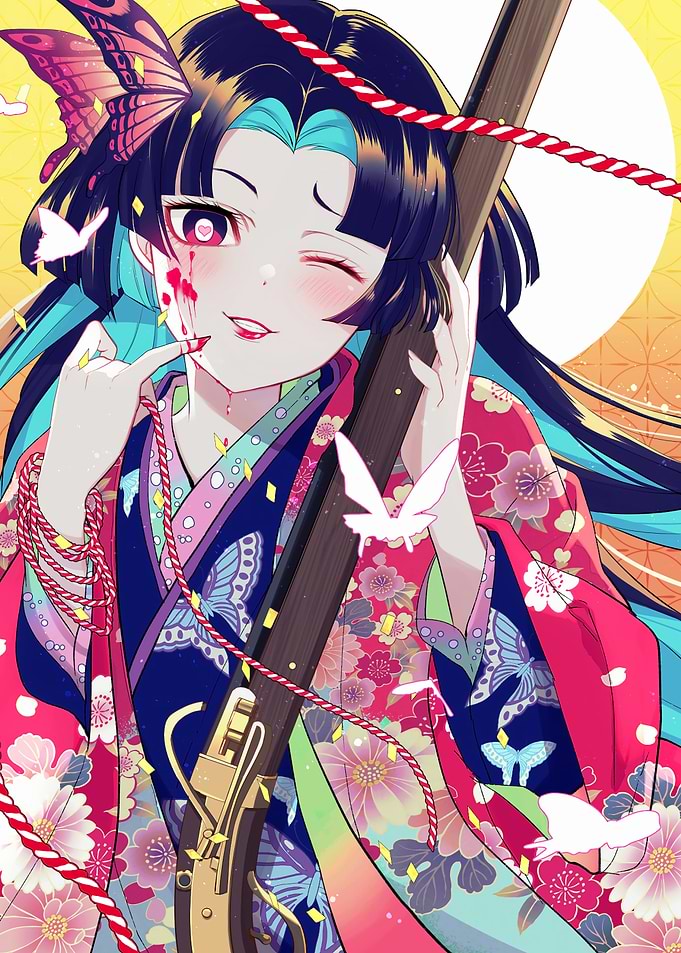 Anime Girl with Rifle and Butterflies