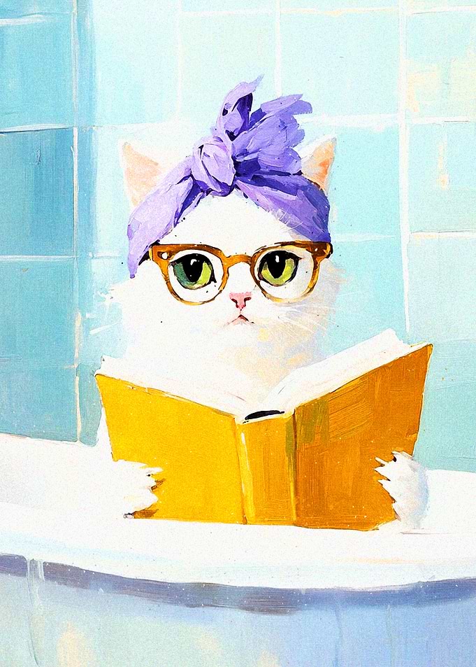 Cat Reading in Bathtub Painting
