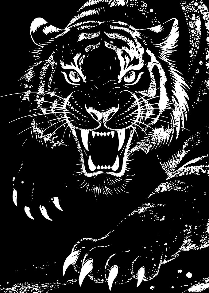 Roaring Tiger Black and White Illustration