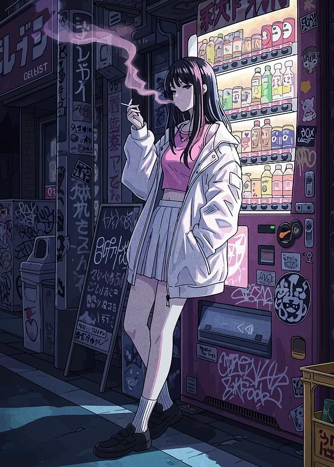 Anime Girl Smoking by Vending Machine