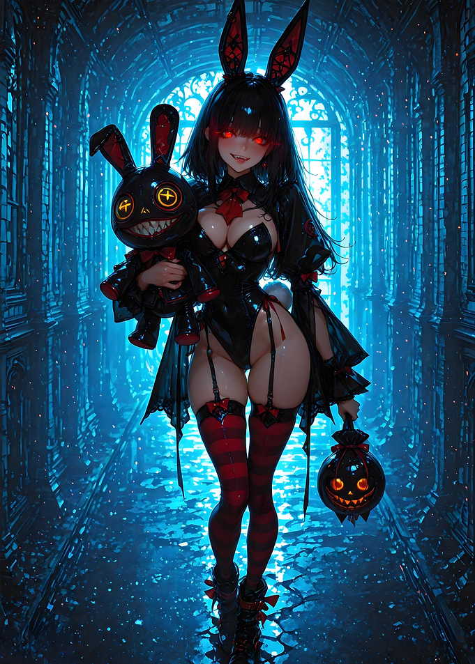 Gothic Anime Girl with Bunny and Pumpkin