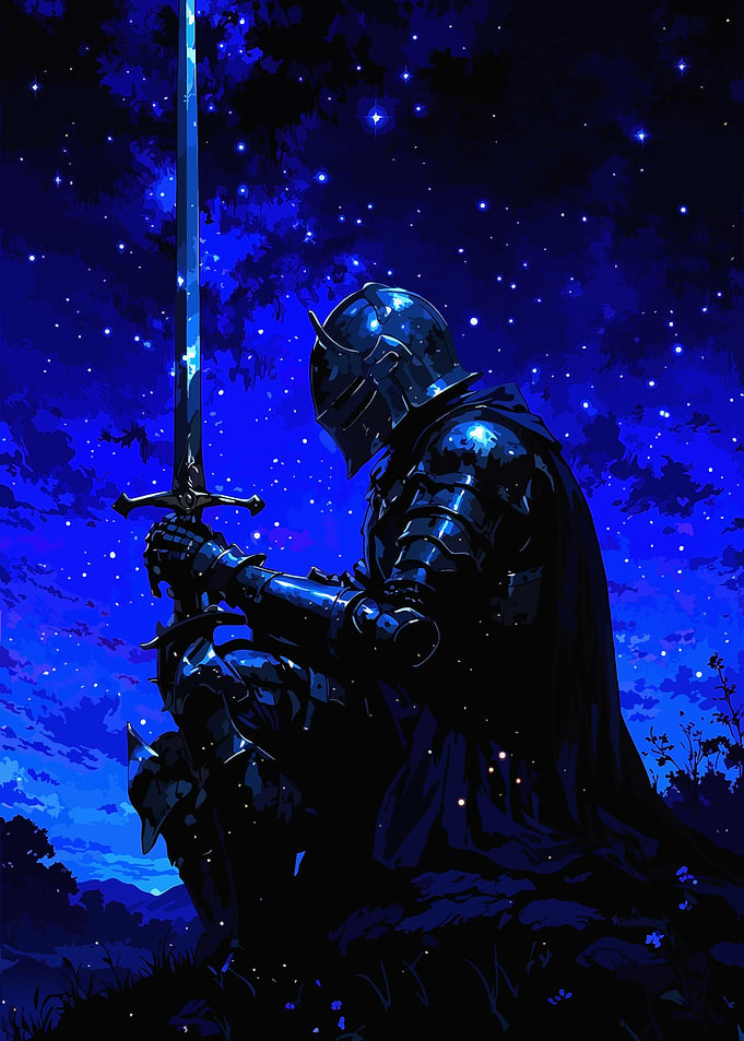 Knight with Sword Under Starry Sky