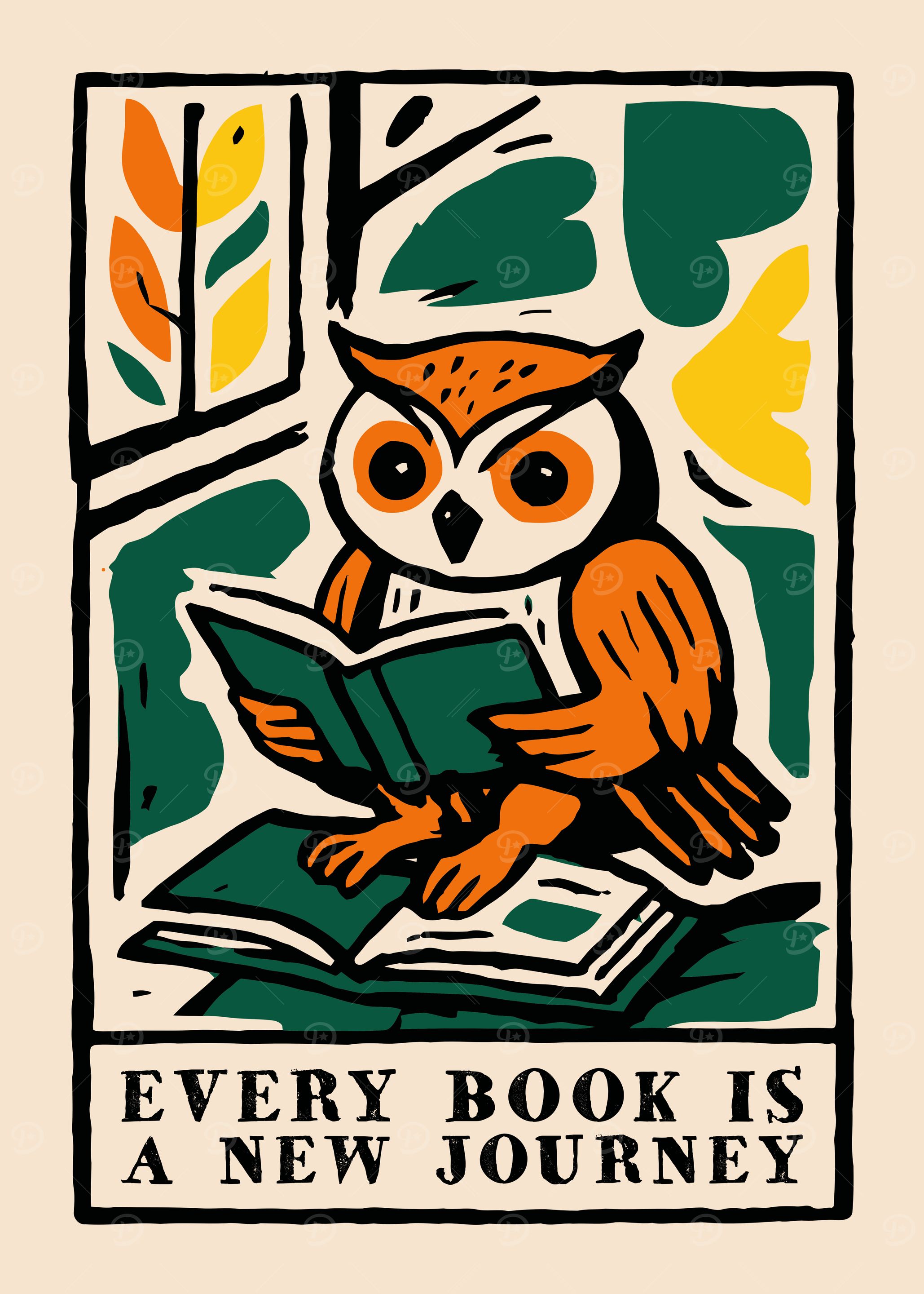 Owl Reading Book Poster
