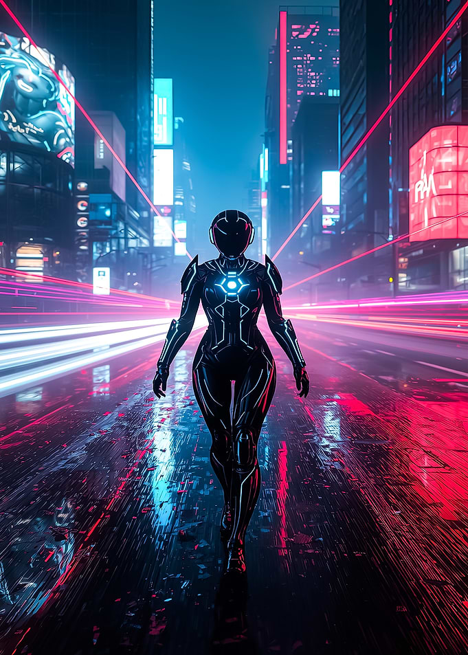 Cyberpunk Cityscape with Futuristic Figure