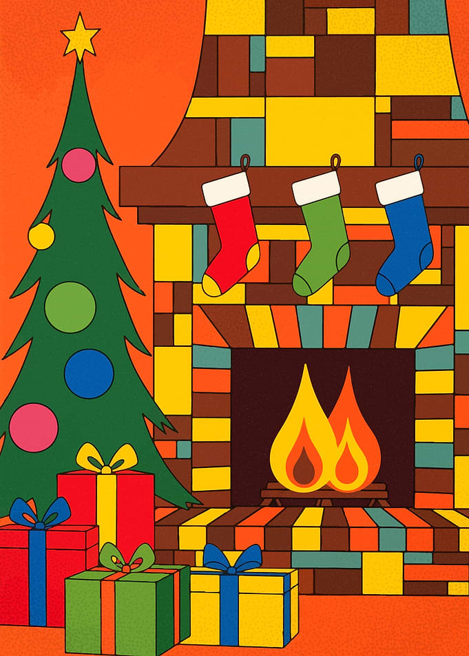 Retro Christmas Fireplace Scene
