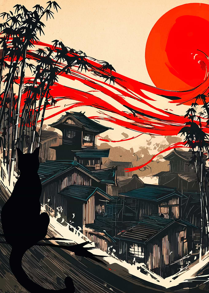 Japanese Village with Cat and Red Sky