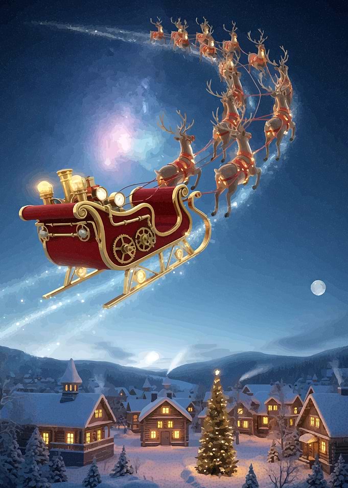 Santa's Sleigh Over Snowy Village
