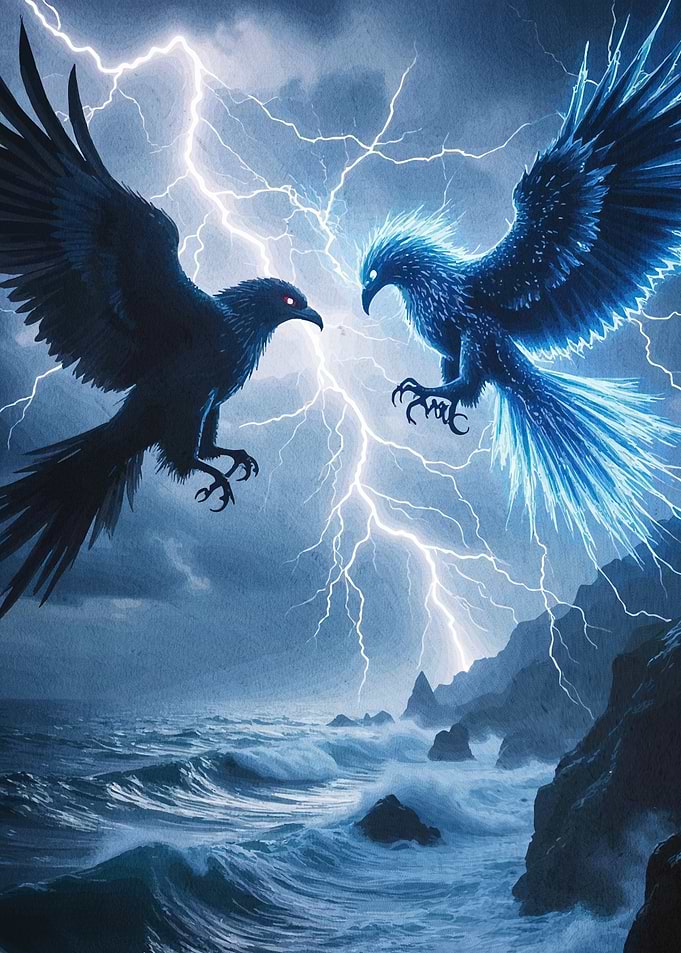 Birds Confrontation Stormy Weather