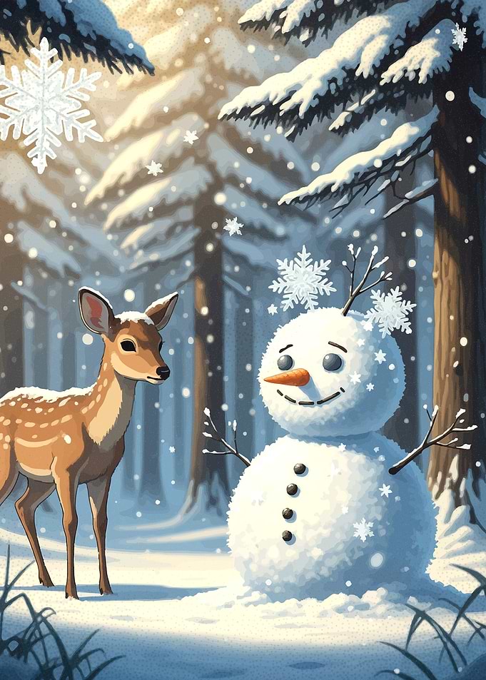 Deer and Snowman in Winter Forest