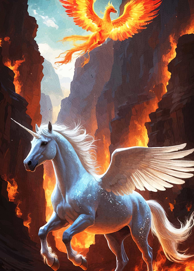 Unicorn Phoenix Fiery Landscape