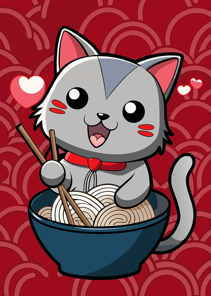 Cute Cat Eating Ramen Illustration