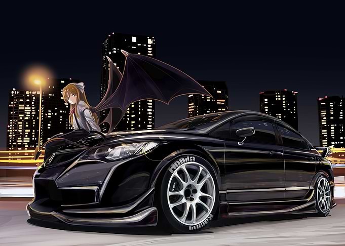 Anime Girl on Black Honda Civic
