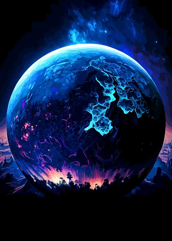 Abstract Blue Planet with Silhouetted Figures