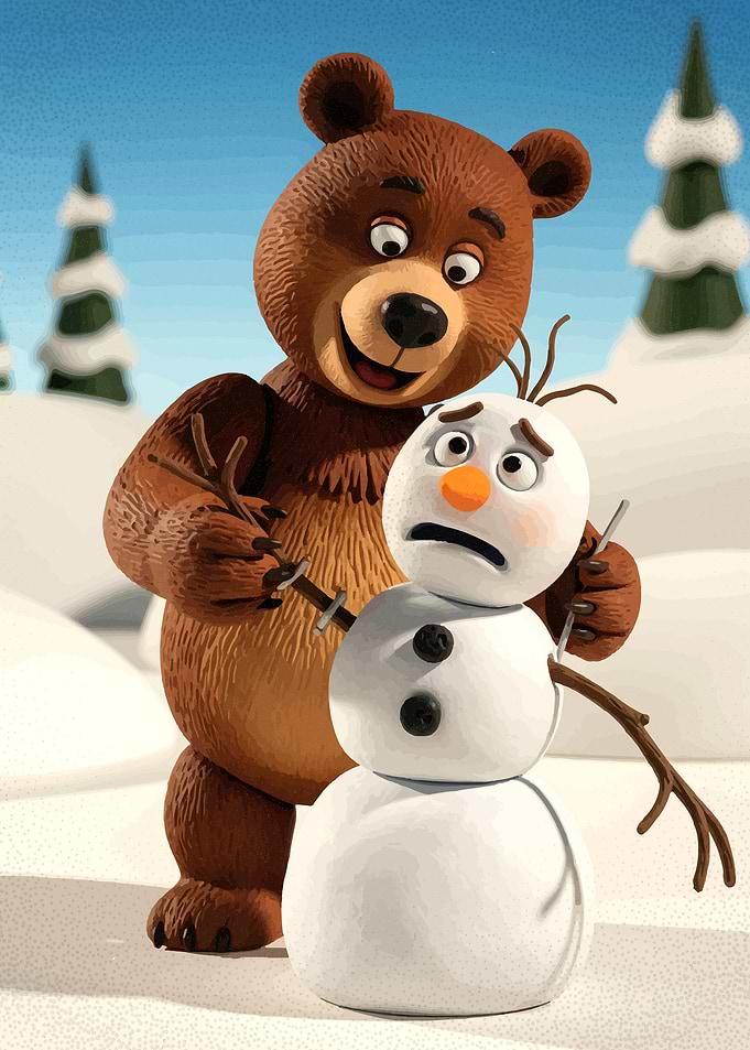 Bear and Snowman in Winter Scene