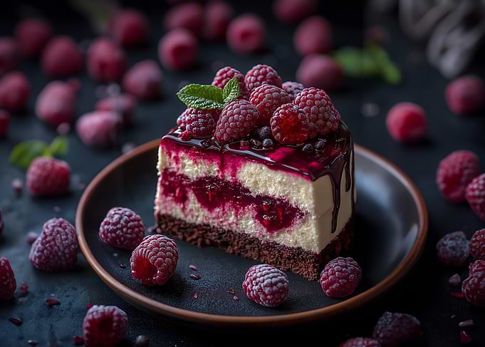 Raspberry Cheesecake Slice on Dark Plate