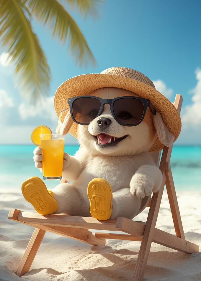 Dog Relaxing on Beach with Drink