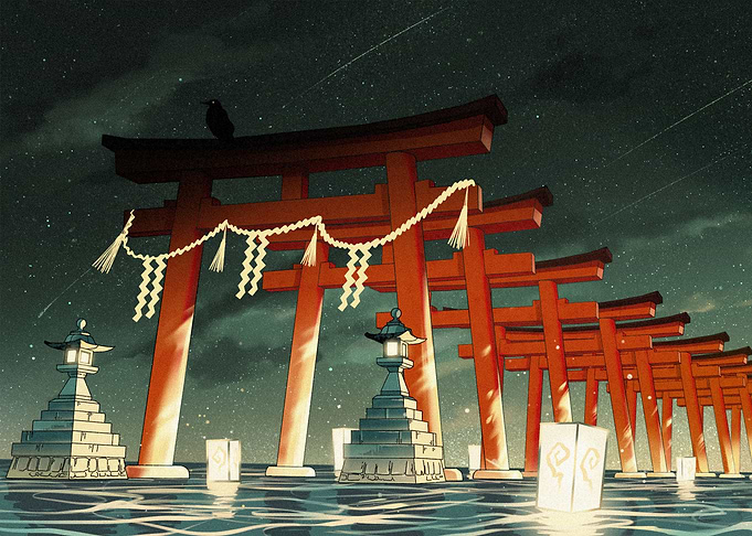 Japanese Torii Gates at Night