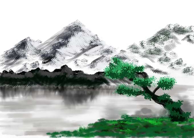Mountain Landscape with Tree and Lake
