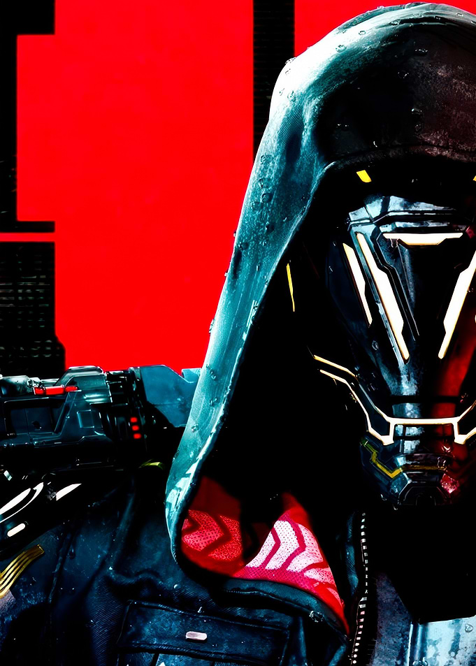 Cyberpunk masked figure with weapon