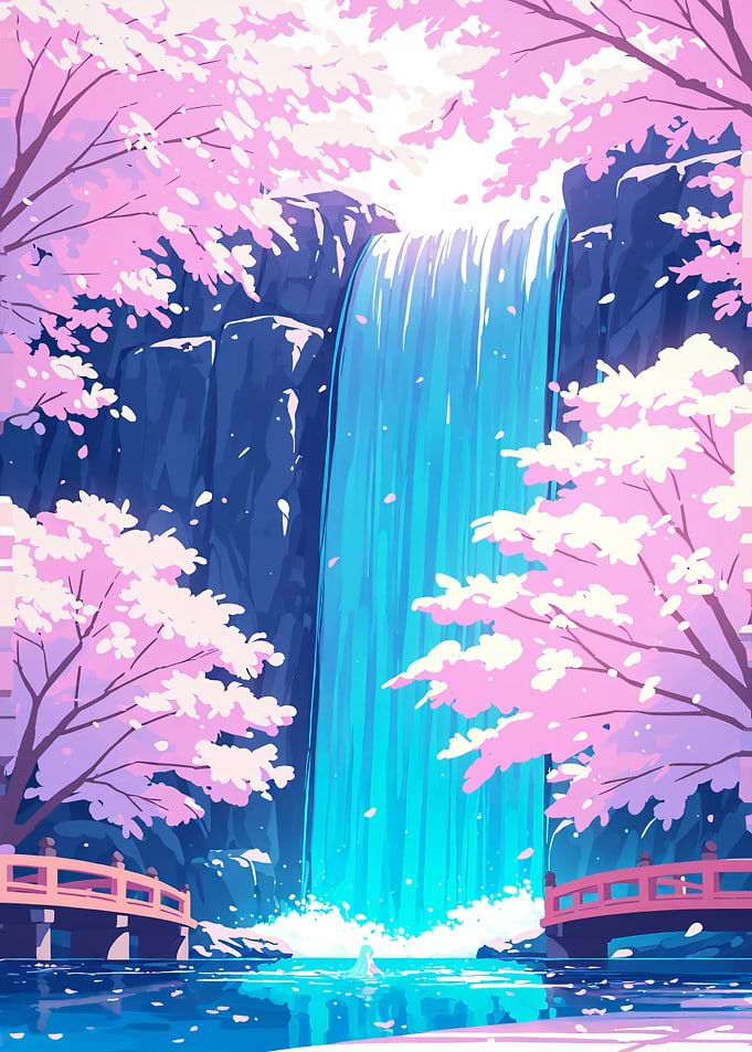 Anime Background Waterfall and Cherry Blossoms Sakura Japan Landscape