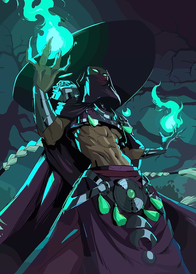 Mystical Figure with Green Flames