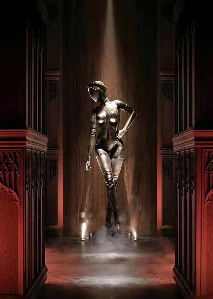Atomatic heart. Futuristic Robot Woman in Spotlight