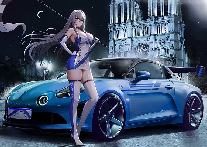 Anime Girl with Blue Sports Car