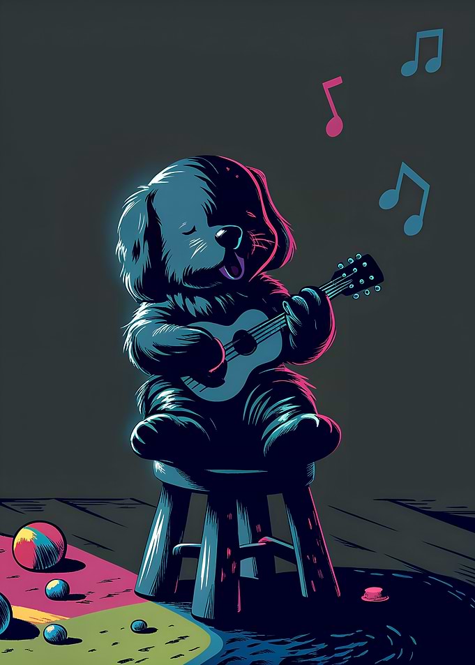 Cartoon Dog Playing Guitar on Stool