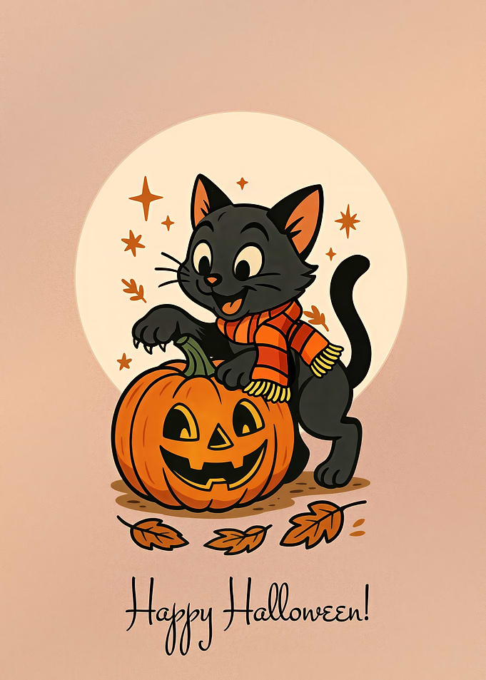 Halloween Cat with Pumpkin Cartoon