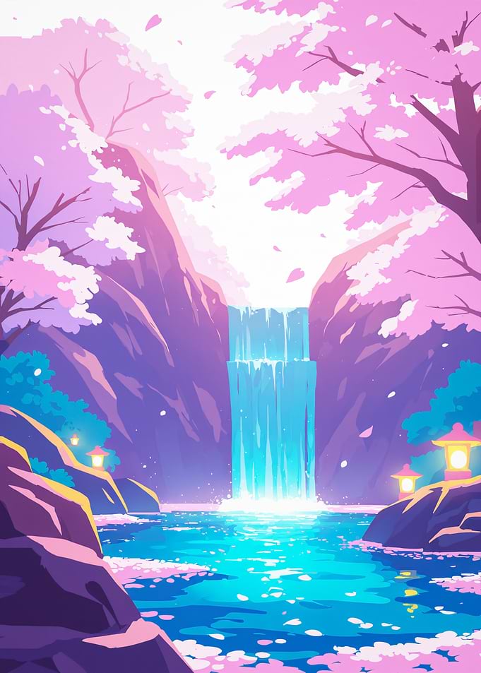 Anime Background Waterfall with Cherry Blossoms Sakura Japan