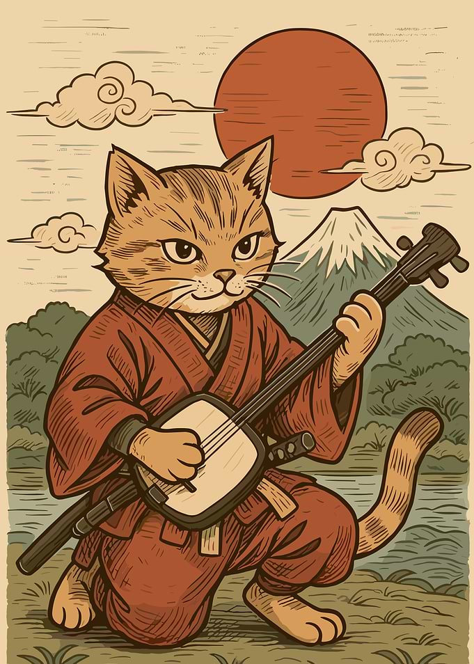 Samurai Cat Playing Shamisen Art