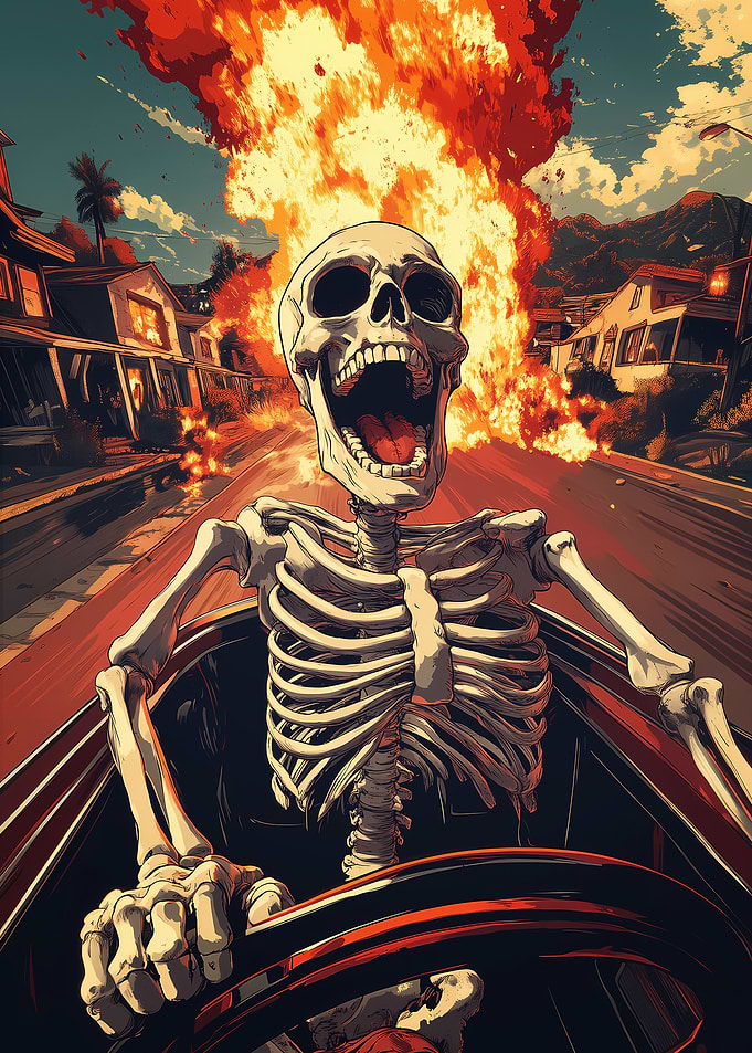 Skeleton driving through fire